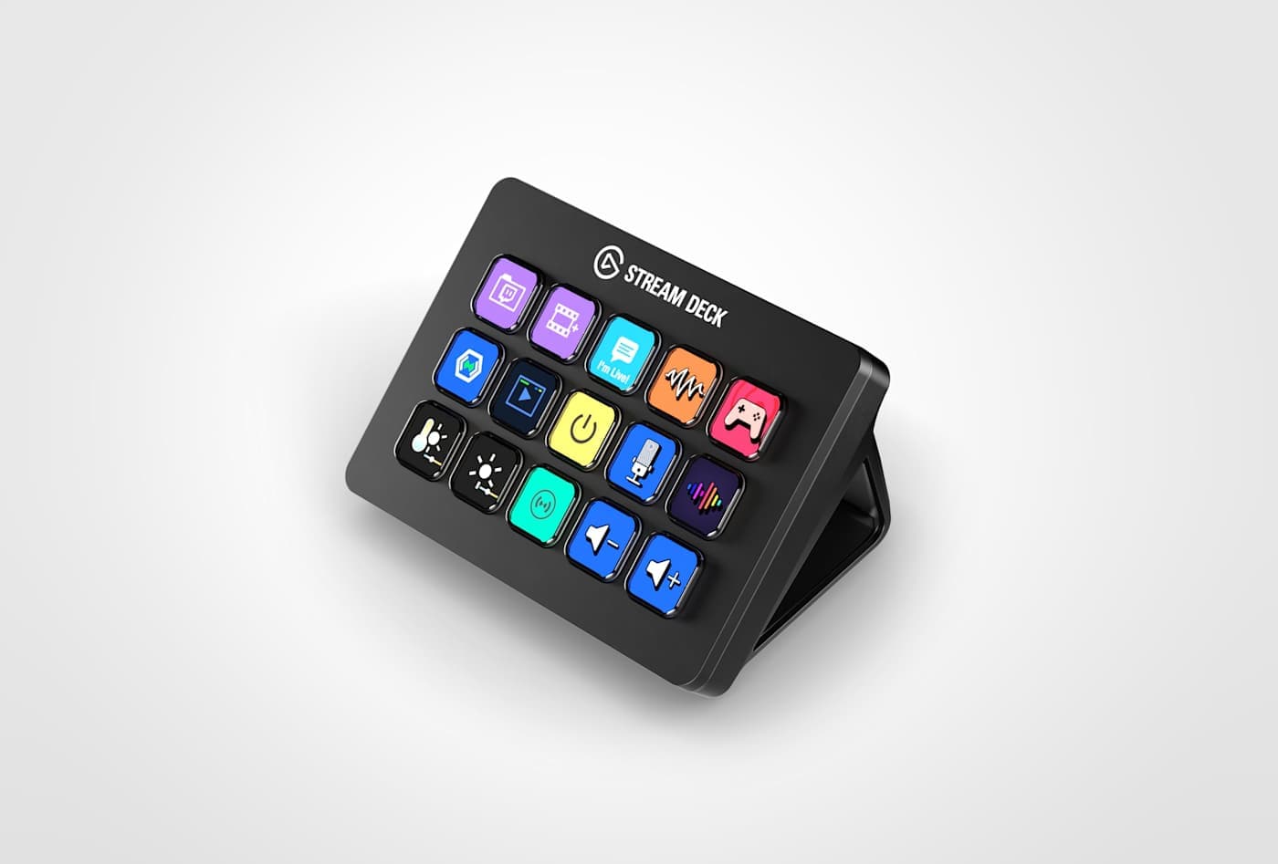 Elgato Stream Deck MK.2 controller on stand with 15 illuminated LCD keys