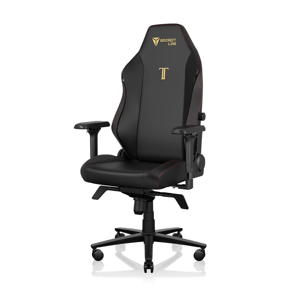 Secretlab TITAN Evo black leatherette gaming chair with gold Titan logo and 4D armrests